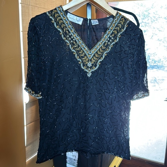 Laurence Kazar Black 100% Silk Blouse Silver Gold Sequin Beaded Size XS - Picture 1 of 9